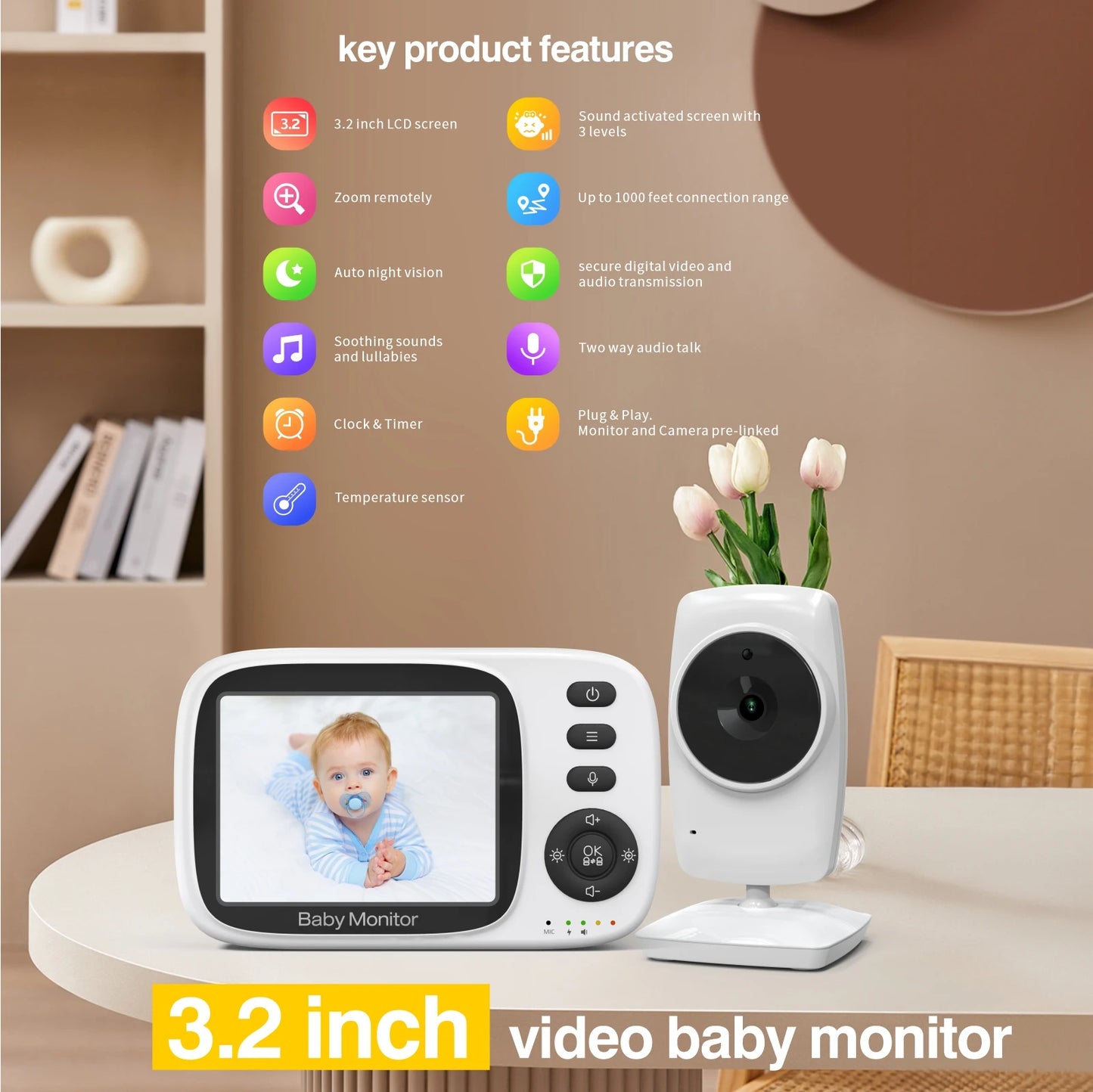 Video Baby Monitor 2.4G Wireless with 3.2 Inches LCD 2 Way Audio Talk Night Vision Surveillance Security Camera Babysitter