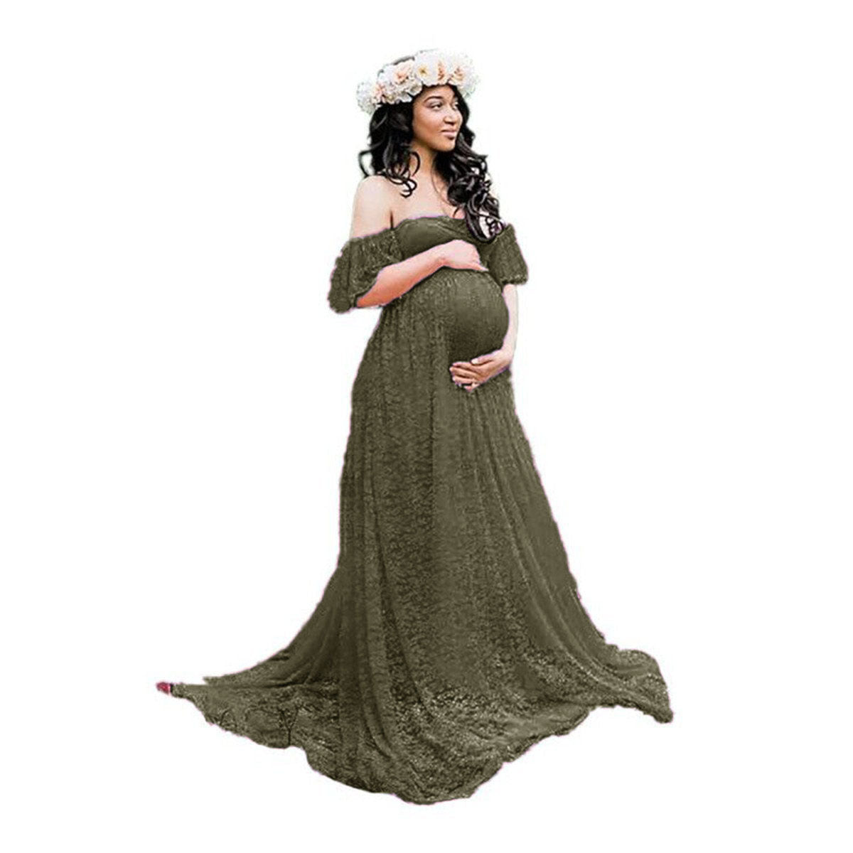 Women's Lace Pregnant Women Trailing Short Sleeve Dress Photography Off-The-Shoulder Sleeve Dress